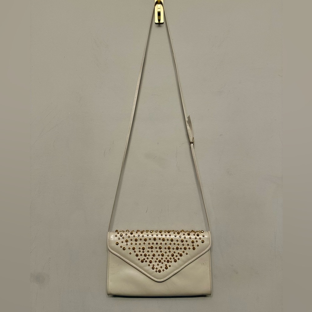 Vintage Leather Cream w/ Gold Stud Detailing Crossbody Bag - Picture 2 of 6